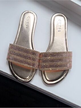 Guess Rose Gold Rhinedtone Slide Sandals in Size 7M